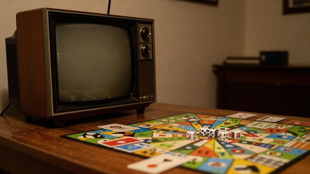 Imagen ilustrativa: un televisor retro sobre una mesa con un tablero de juego y dados delante