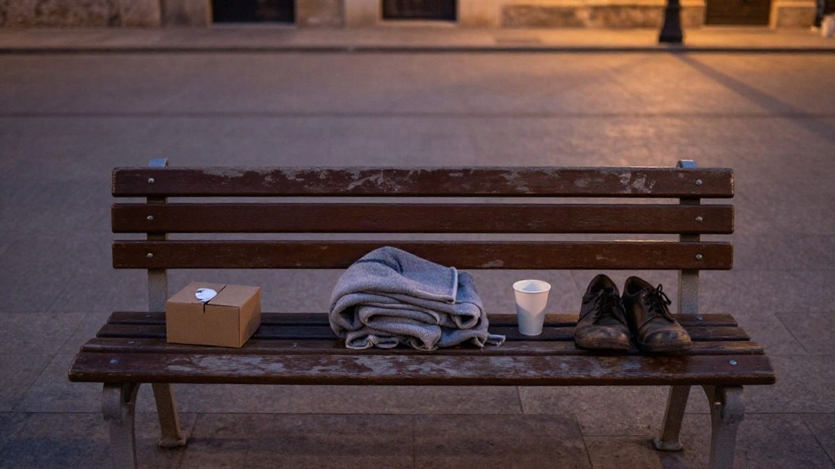 Imagen ilustrativa: un banco de madera vacío en una plaza al atardecer, con una manta doblada, una caja de cartón y un par de zapatos gastados