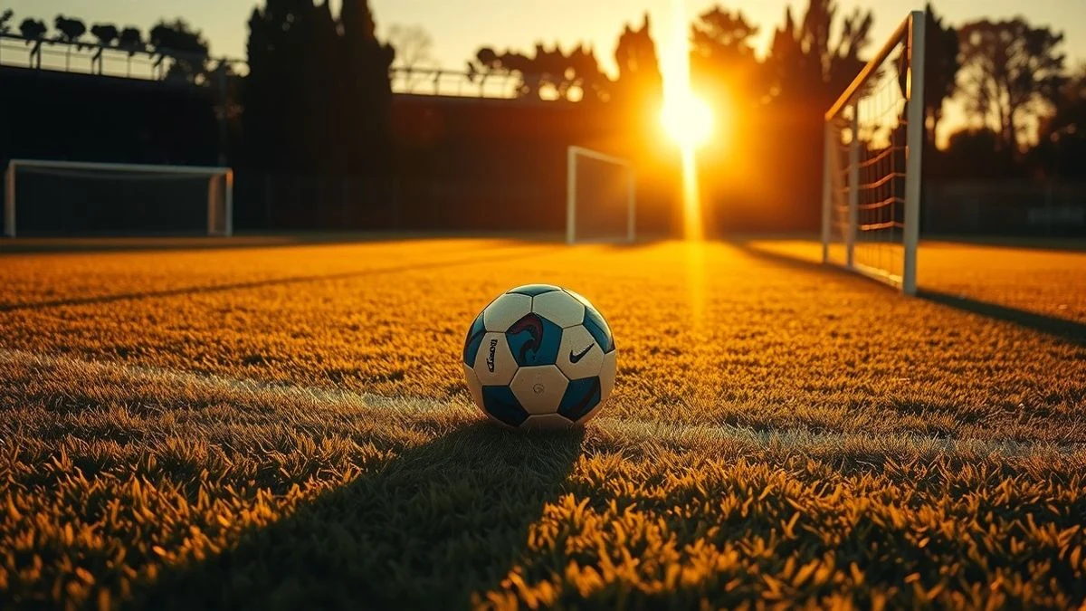 Campo de fútbol al atardecer con un balón en el centro, sombras largas y porterías al fondo