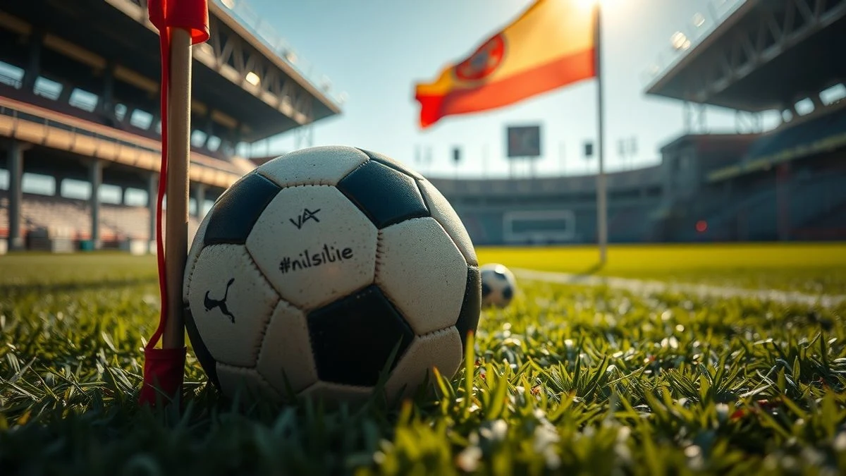 Imagen ilustrativa: un balón de fútbol sobre el césped junto a un banderín de córner, con un estadio en obras al fondo.
