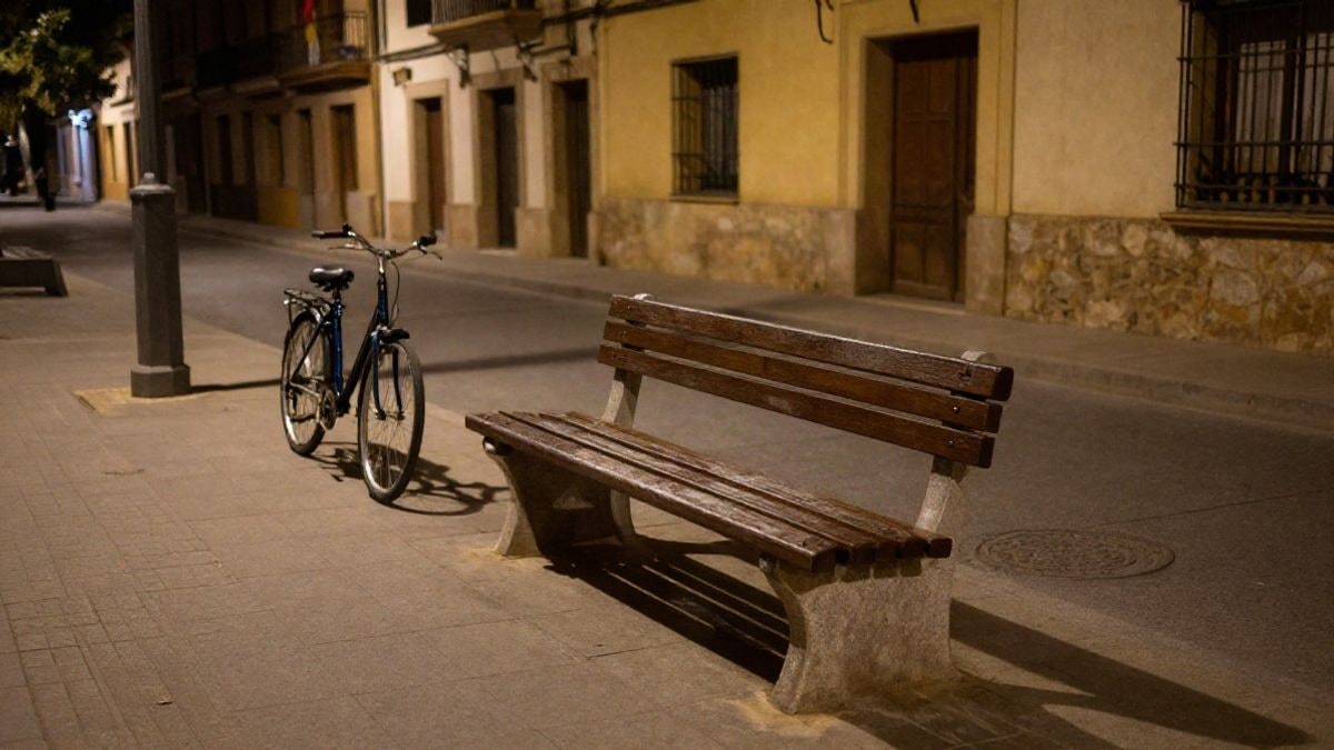 Imagen ilustrativa: banco público dañado y bicicleta rota en una calle vacía de noche