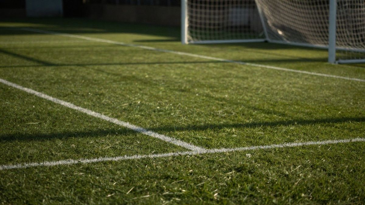 Imagen ilustrativa: detalle del césped de un campo de fútbol con líneas blancas y una portería al fondo