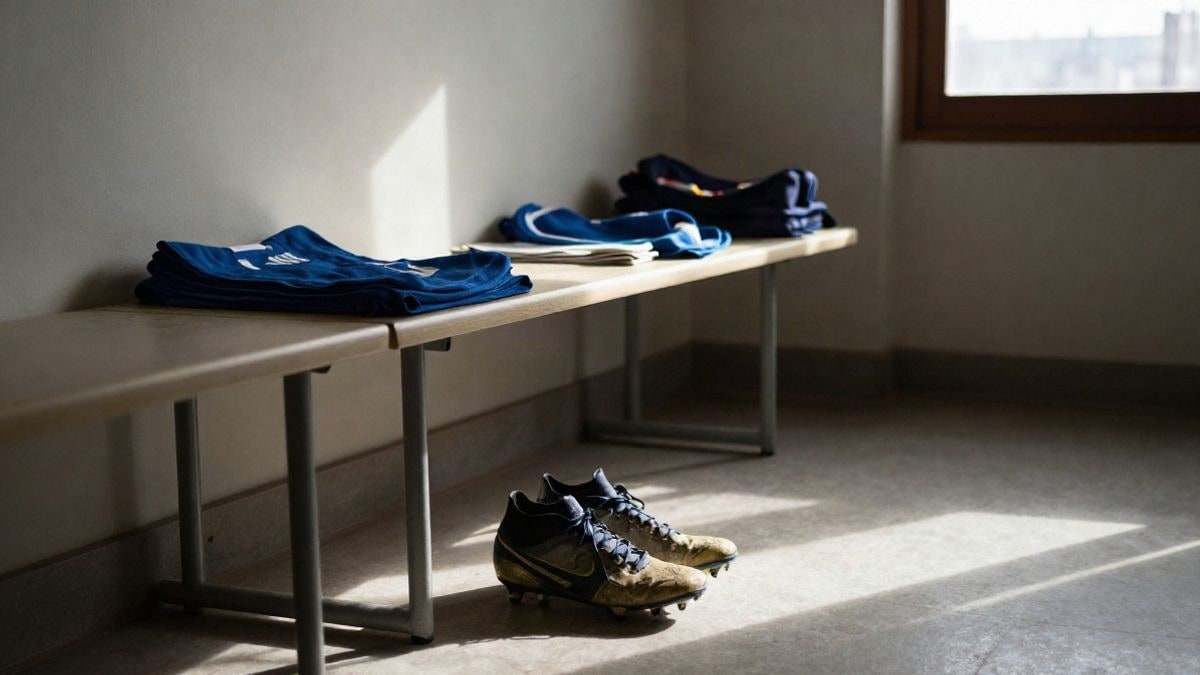 Imagen ilustrativa: un banco de vestuario vacío con toallas dobladas junto a unas botas de fútbol, iluminado por la luz de una ventana lateral