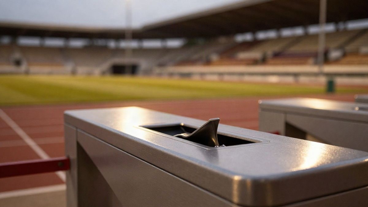 Imagen ilustrativa: primer plano de un torno de acceso a un estadio con fondo de gradas desenfocadas al atardecer