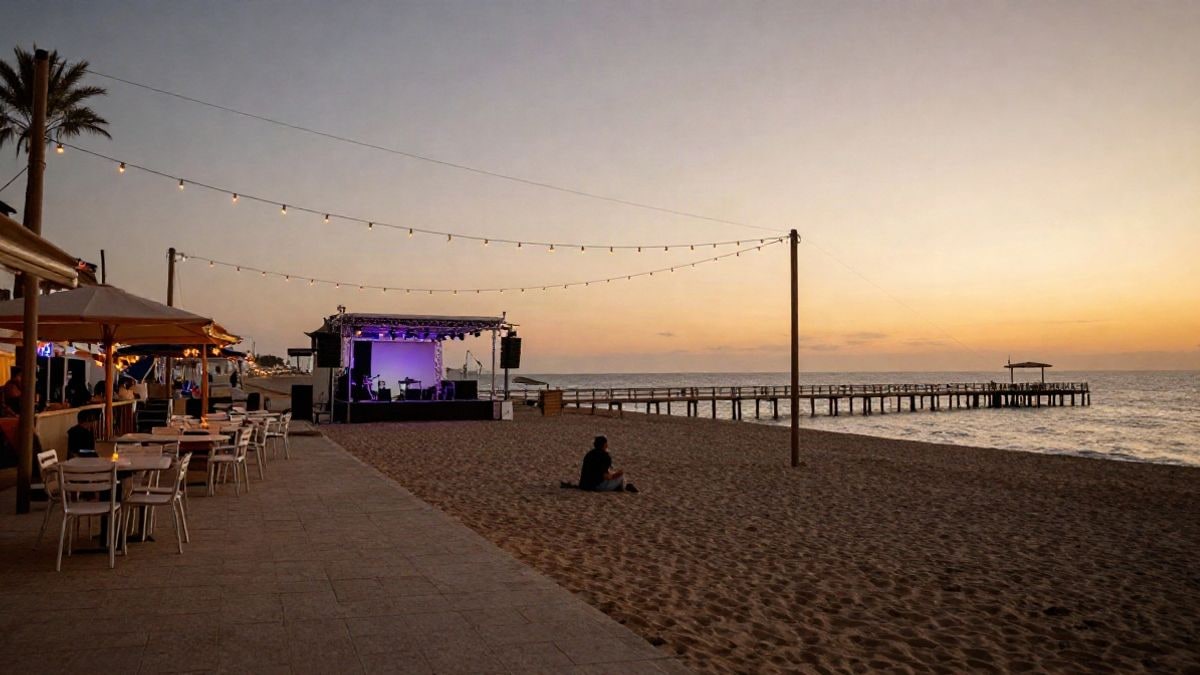Imagen ilustrativa: paseo marítimo de una localidad costera al atardecer, con luces decorativas y un pequeño escenario al fondo.