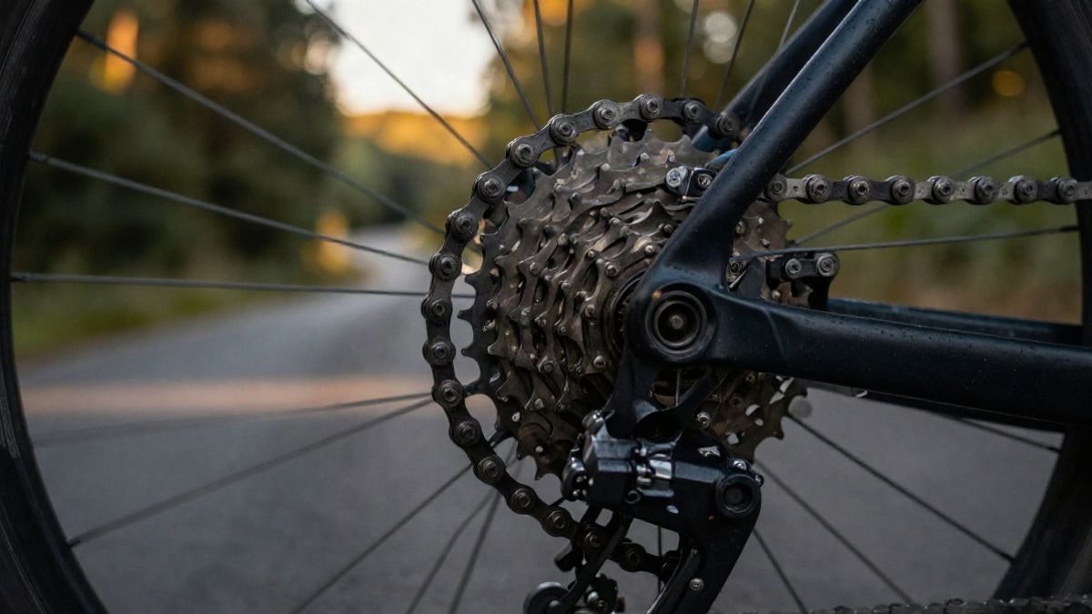 Imagen ilustrativa: primer plano de un mecanismo de bicicleta con fondo de camino forestal