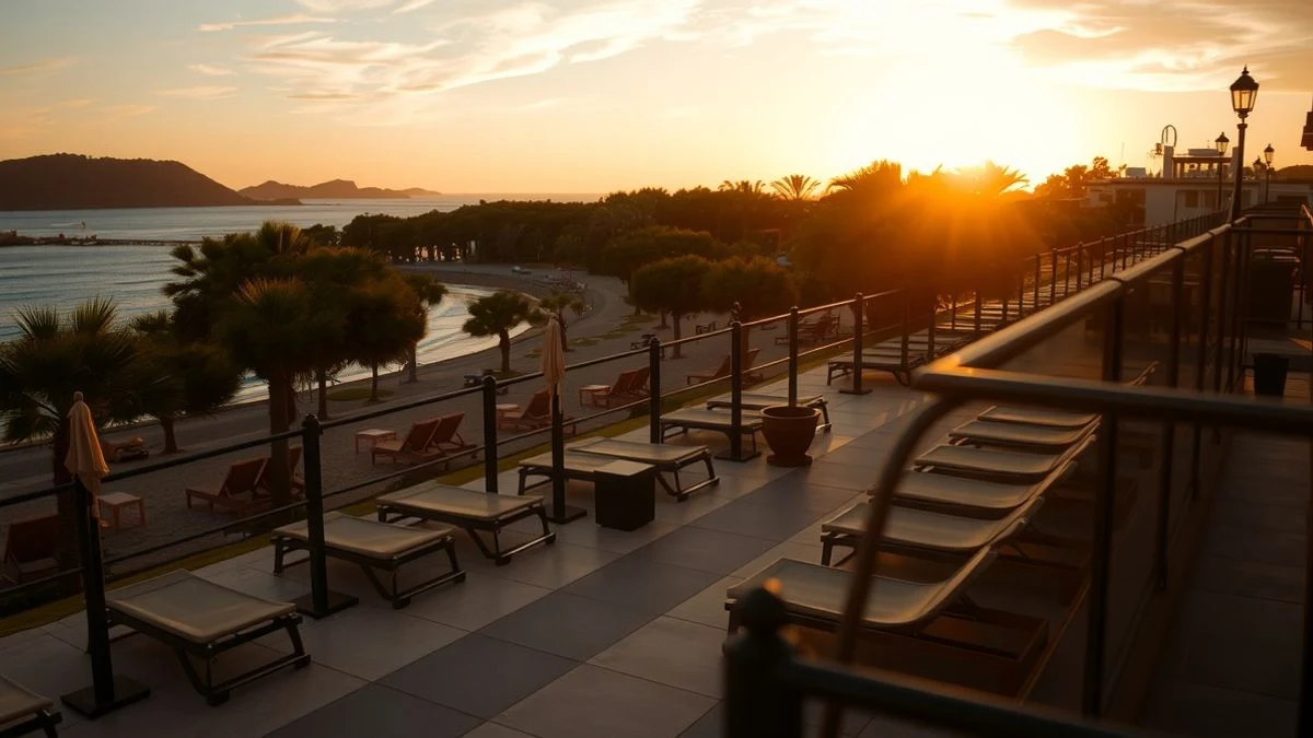 Imagen ilustrativa: vista panorámica de una terraza de hotel al atardecer sobre una playa y pinar, con sombras largas y luz dorada
