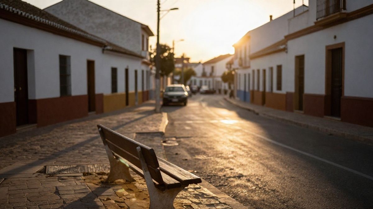 Imagen ilustrativa: calle residencial vacía al atardecer con sombras largas y un banco de madera en primer plano