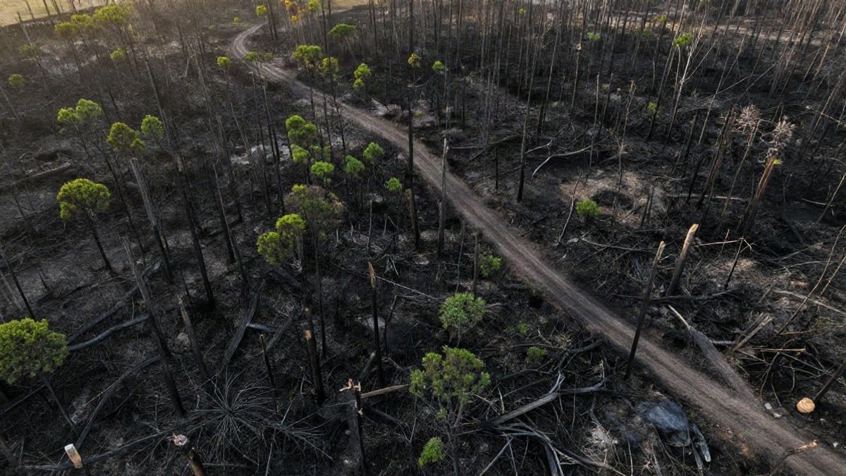 Imagen ilustrativa: vista cenital de una zona forestal quemada con troncos calcinados y brotes verdes