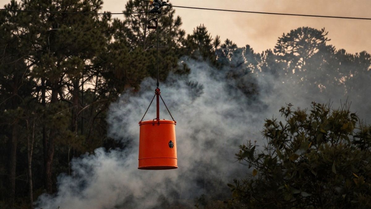 Imagen ilustrativa: helicóptero de extinción con helibalde sobre una zona forestal con humo al atardecer