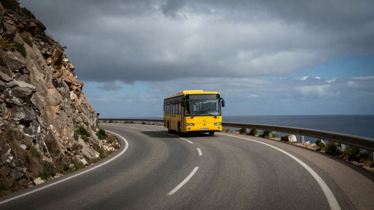 Imagen ilustrativa: un autobús interurbano amarillo circula por una carretera costera hacia el mar al atardecer.