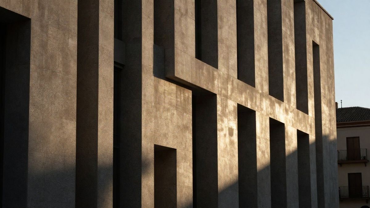 Imagen ilustrativa: detalle arquitectónico de una fachada moderna con líneas geométricas, a contraluz al atardecer, con sombras largas