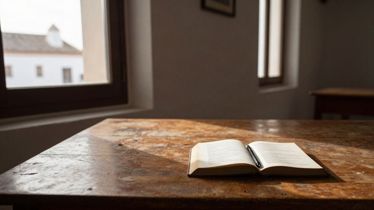 Imagen ilustrativa: un libro antiguo abierto y una pluma sobre una mesa de madera junto a una ventana, con luz cálida de tarde