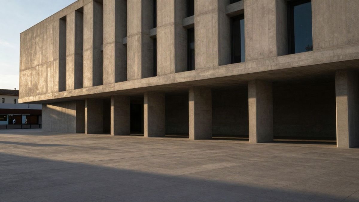 Imagen ilustrativa: fachada de un edificio moderno de hormigón con líneas geométricas al atardecer