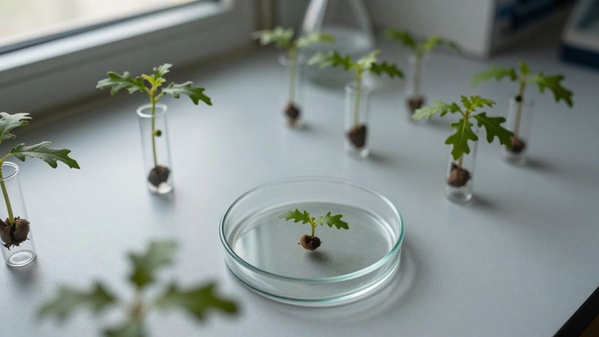 Imagen ilustrativa: plántulas jóvenes de encina en tubos transparentes sobre una mesa de laboratorio vista desde arriba