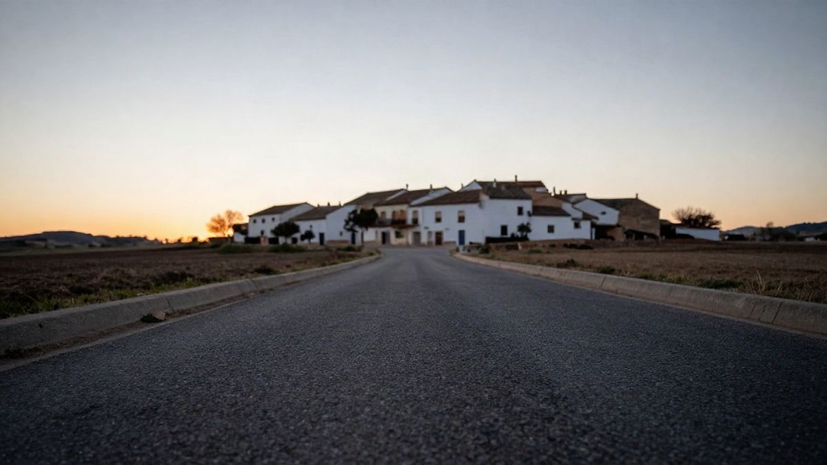 Imagen ilustrativa: carretera rural de acceso a un pueblo con asfalto nuevo y cielo al atardecer