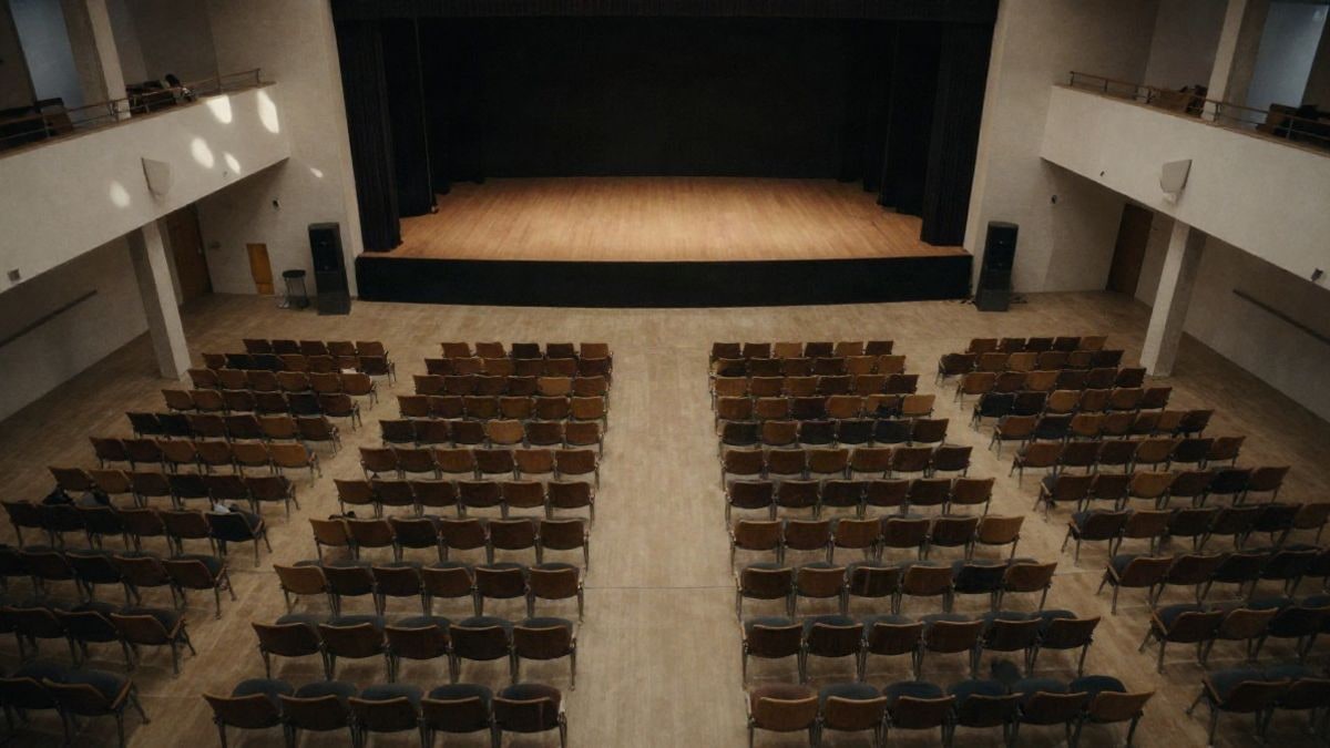 Imagen ilustrativa: vista cenital de un auditorio vacío con filas de asientos y un escenario