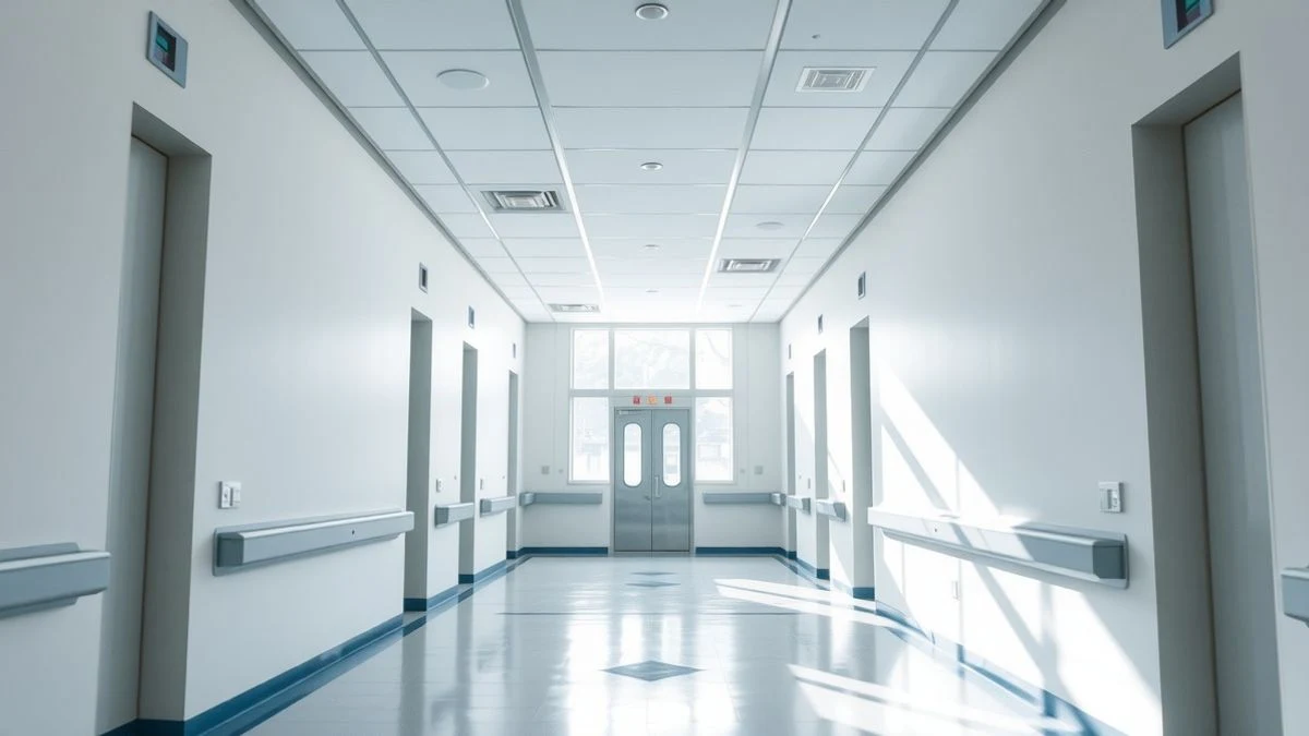 Imagen ilustrativa: pasillo vacío de un hospital moderno con luz natural al fondo, paredes blancas y detalles en azul