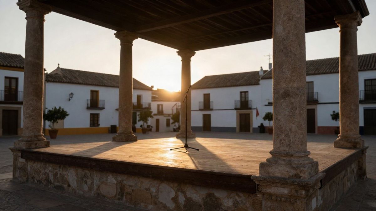 Imagen ilustrativa: plaza de un pueblo al atardecer con un escenario vacío y sombras largas