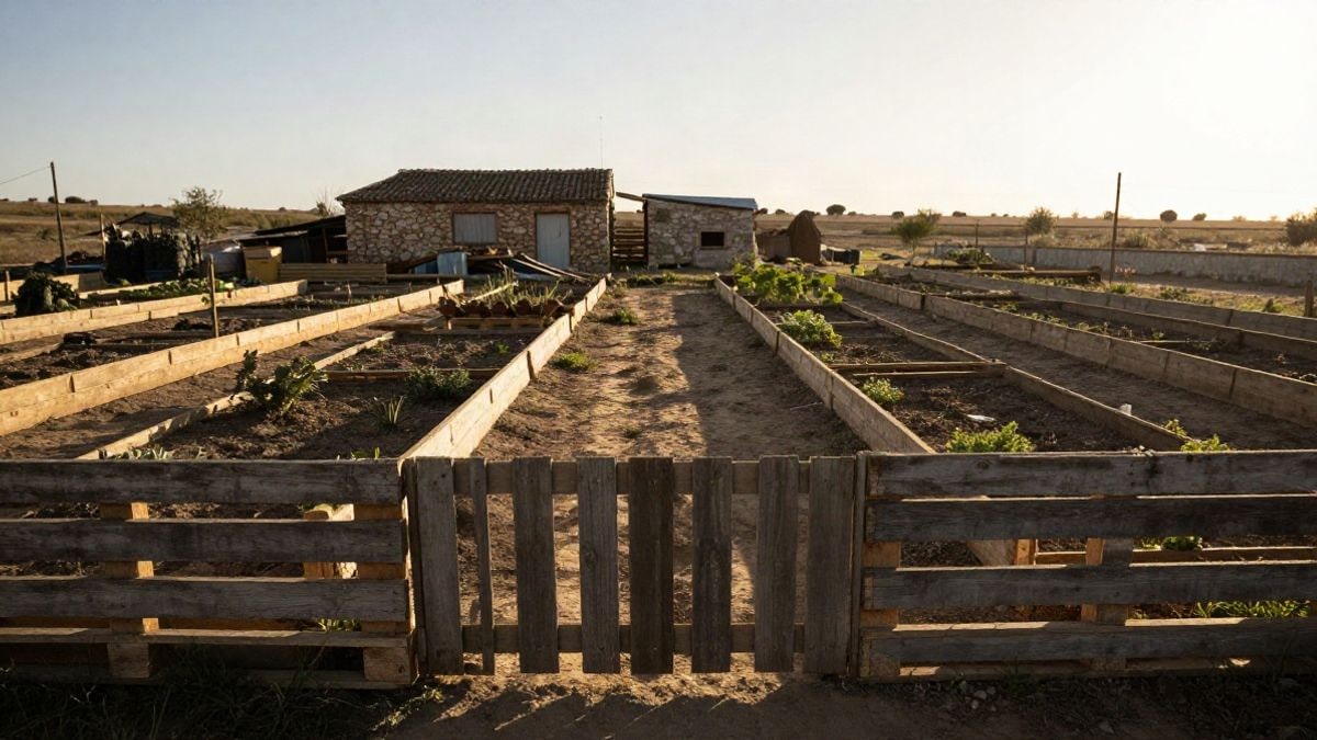 Imagen ilustrativa: huerto rústico con bancales de madera y valla de palés al atardecer en una finca rural