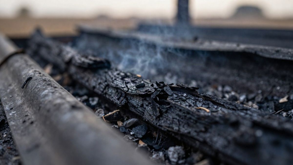 Imagen ilustrativa: primer plano de restos calcinados de chapa y madera tras un incendio