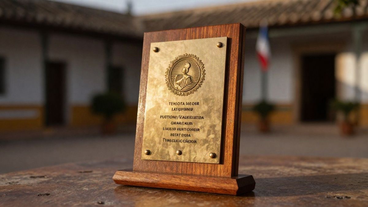 Imagen ilustrativa: detalle de una placa de premio de madera sobre una mesa rústica con luz dorada