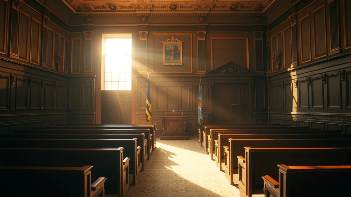 Interior vacío del salón de plenos del Ayuntamiento de Huelva con luz de ventana lateral