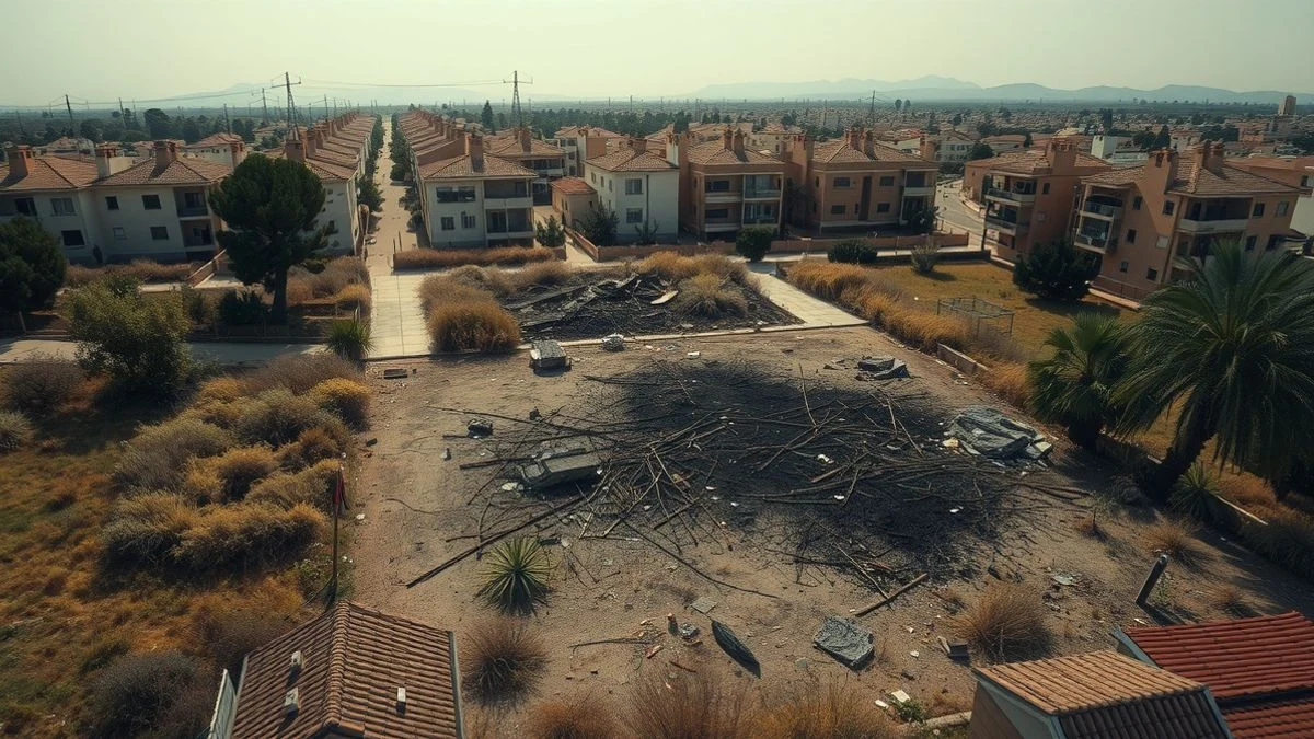 Imagen ilustrativa: vista cenital de un solar seco y abandonado con restos quemados en un barrio residencial.