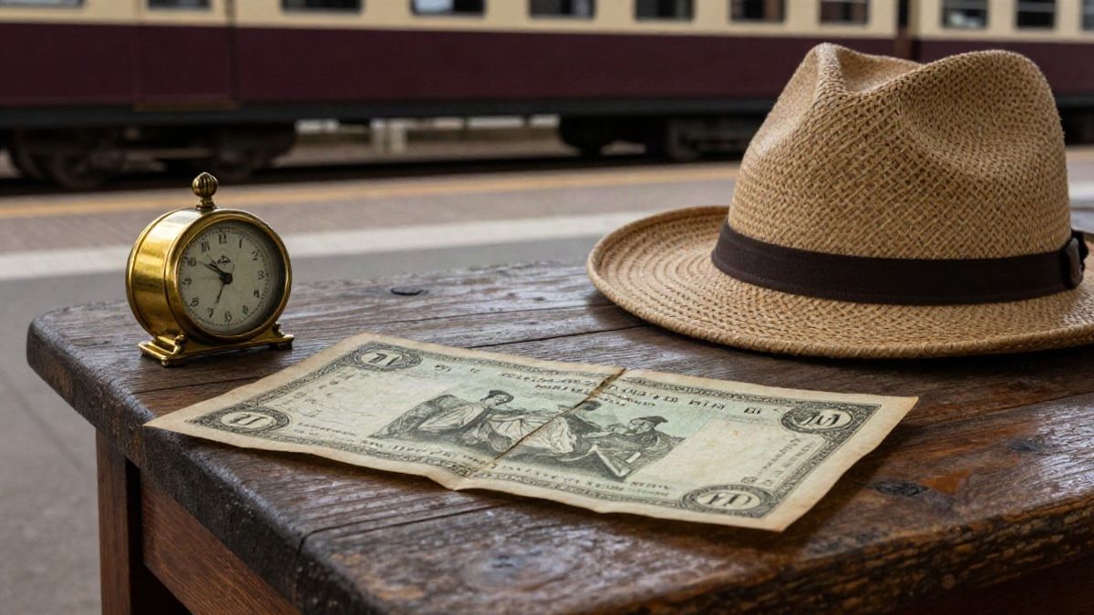 Imagen ilustrativa: billete de tren antiguo y reloj de bolsillo sobre una mesa de madera, con una estación de época al fondo.