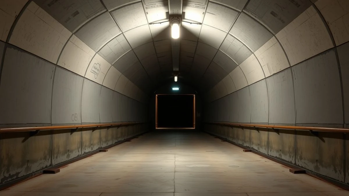 Túnel vacío de un estadio de fútbol con luz natural al final, estilo documental