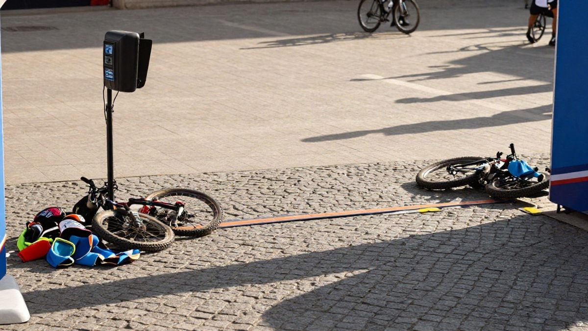 Imagen ilustrativa: vista cenital de una plaza con material de ciclismo de montaña y un reloj de cronometraje al atardecer