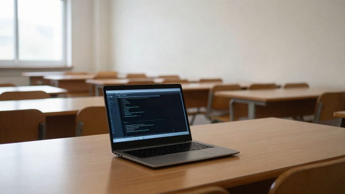 Imagen ilustrativa: un portátil sobre una mesa en un aula universitaria vacía