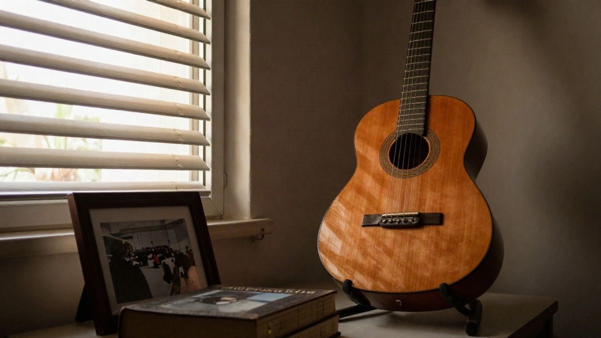 Imagen ilustrativa: guitarra sobre un soporte junto a una fotografía enmarcada y un libro de historia en una sala con luz lateral