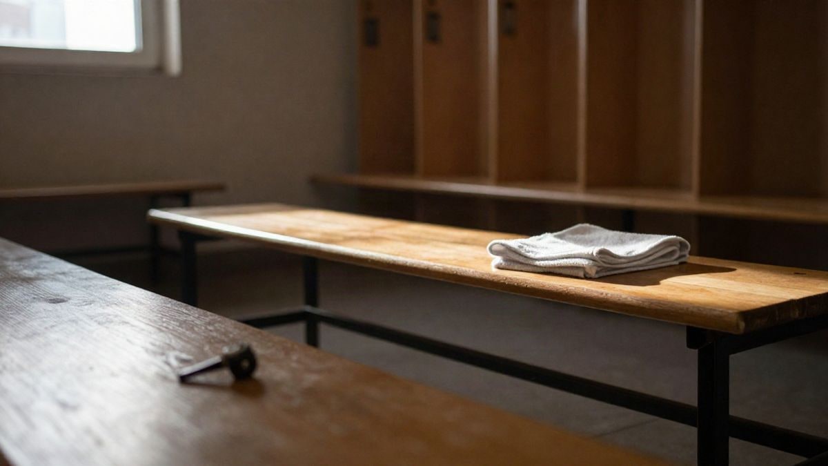 Imagen ilustrativa: interior de vestuario deportivo con luz de ventana lateral sobre un banco de madera y un silbato