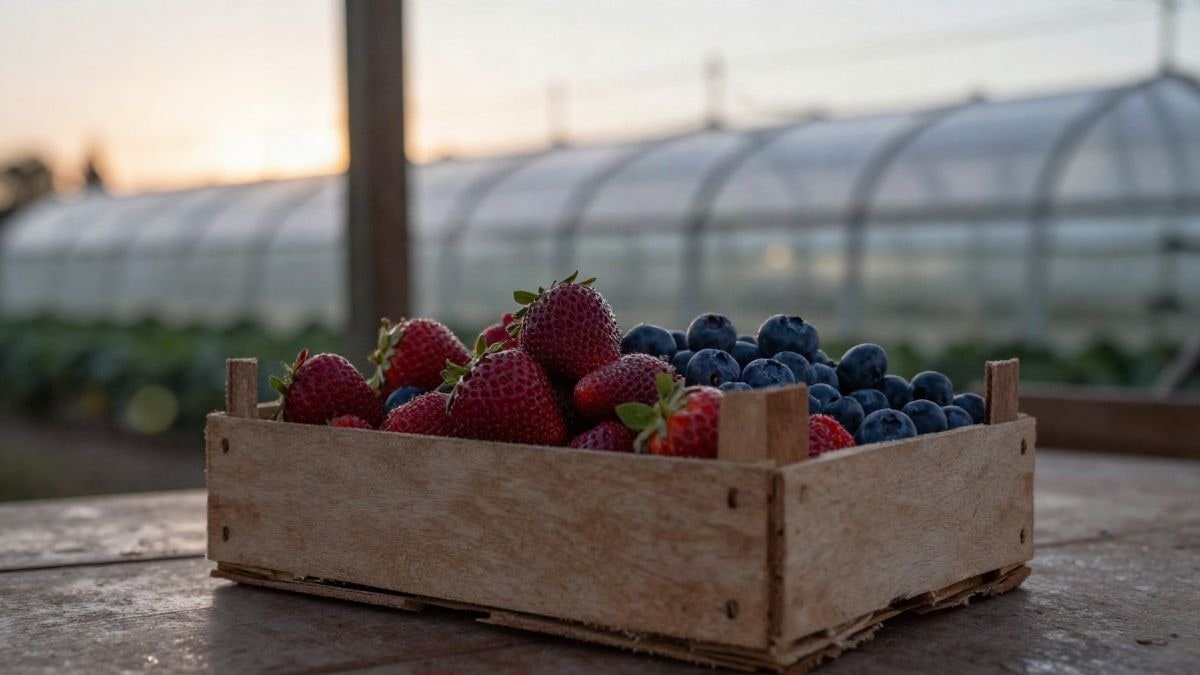 Imagen ilustrativa: caja de madera con fresas y arándanos sobre una mesa rústica al atardecer