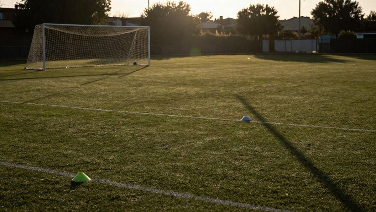 Imagen ilustrativa: campo de entrenamiento de fútbol base a contraluz al atardecer, con sombras largas y portería con red