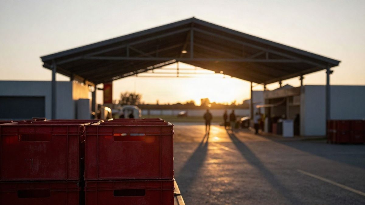 Imagen ilustrativa: contraluz al atardecer en la entrada de un pabellón ferial agrícola con cajas de frutos rojos