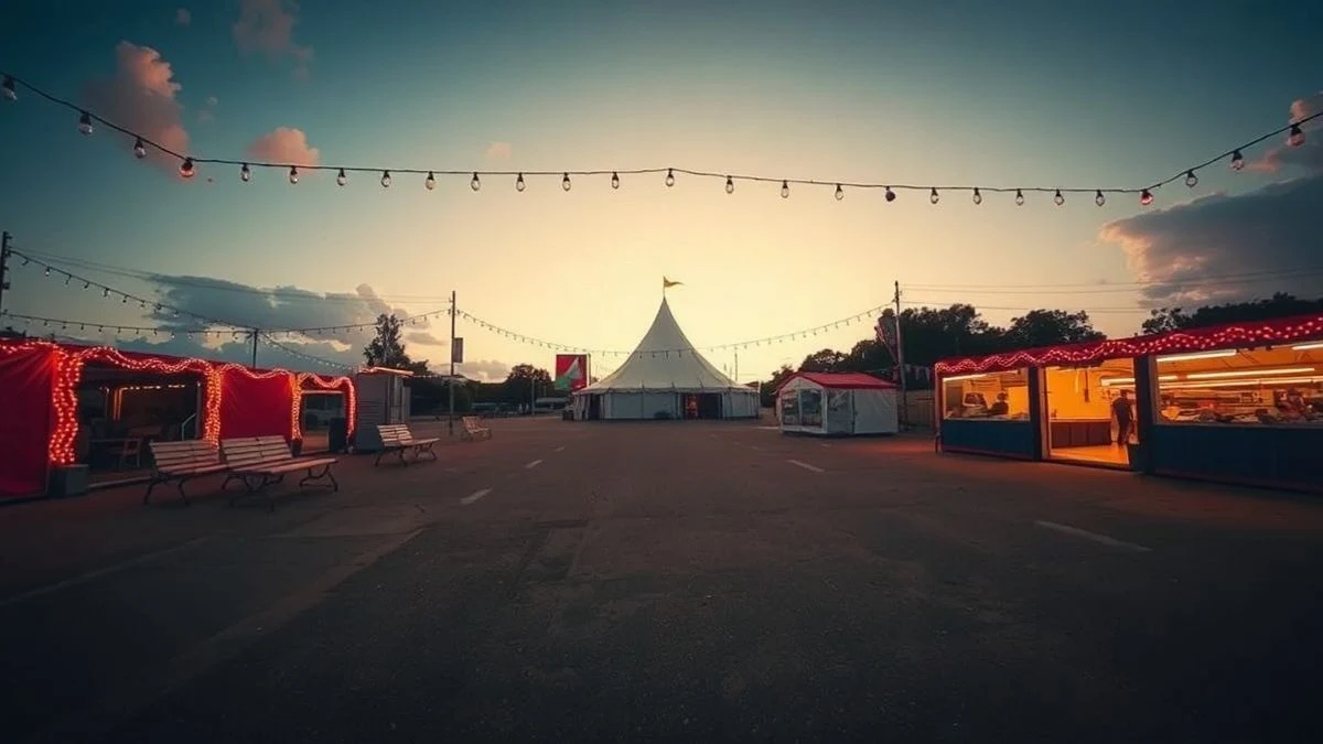 Imagen ilustrativa: recinto ferial vacío al atardecer con caseta municipal y luces de colores.