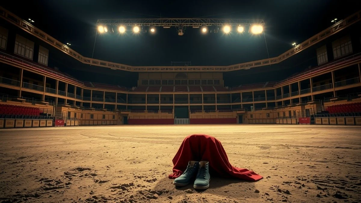 Imagen ilustrativa: una plaza de toros vacía de noche, con un capote y botas de torear sobre la arena bajo los focos.