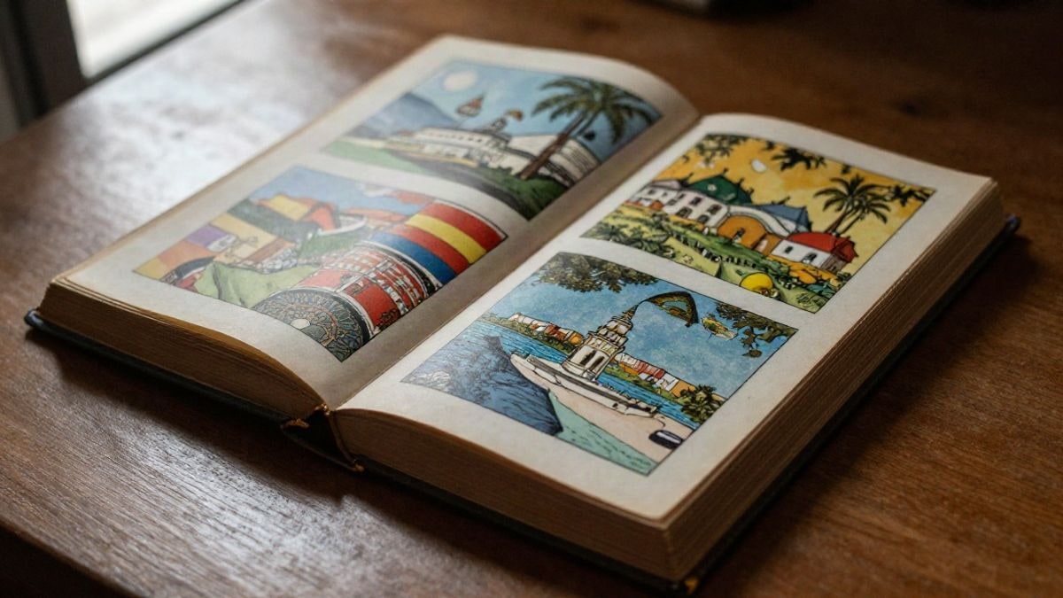 Imagen ilustrativa: un libro antiguo de viajes abierto sobre una mesa de madera con láminas en color