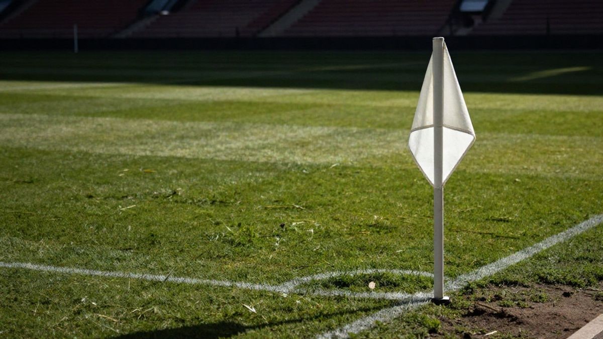 Imagen ilustrativa: detalle del césped de un campo de fútbol con líneas blancas y banderín de córner al atardecer