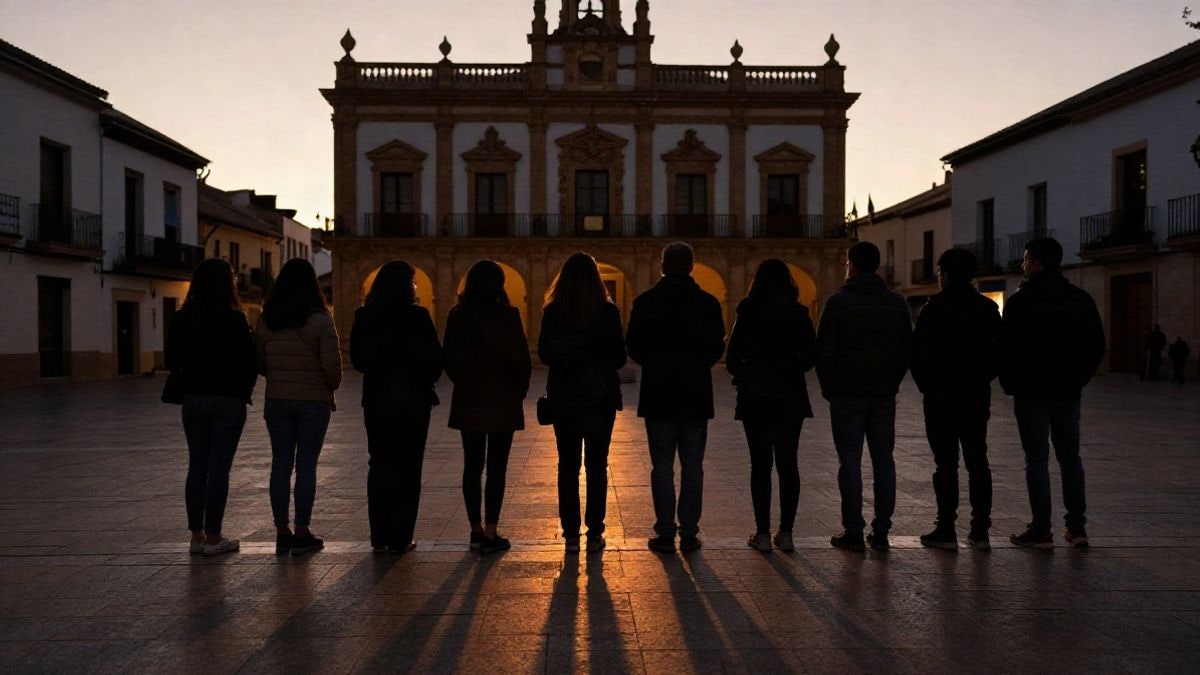 Imagen ilustrativa: siluetas de un grupo de personas en una plaza al atardecer, con sombras largas y un edificio consistorial genérico al fondo.