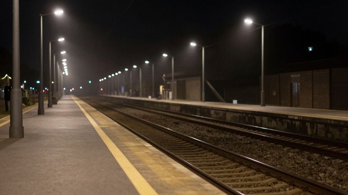 Imagen ilustrativa: andén ferroviario vacío de noche, con las vías perdiéndose en la oscuridad bajo la luz de las farolas