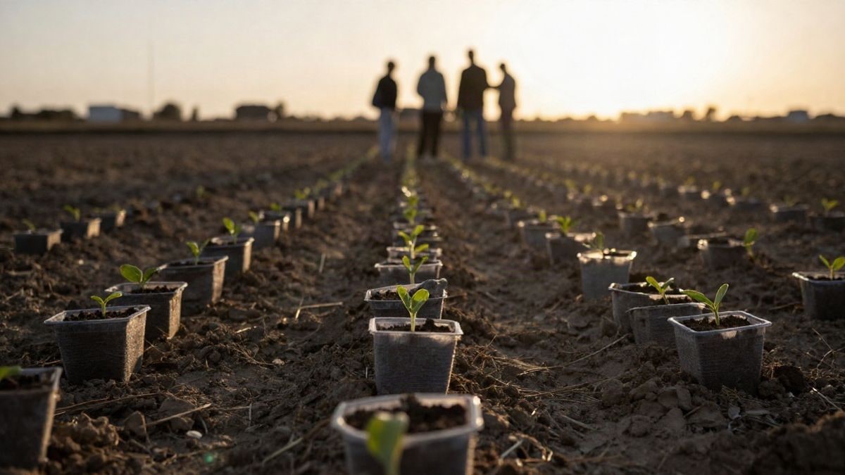 Imagen ilustrativa: plantones jóvenes en macetas junto a un campo agrícola al atardecer, con sombras largas
