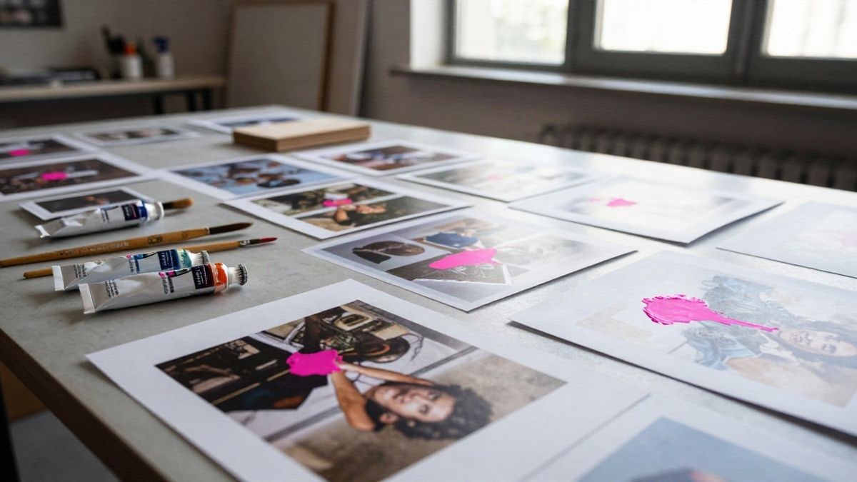 Imagen ilustrativa: mesa de estudio con tubos de pintura, pinceles y fotografías impresas intervenidas con pintura rosa