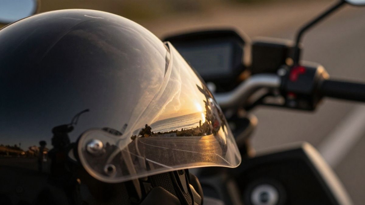 Imagen ilustrativa: primer plano del casco de un motorista con reflejos de carretera al atardecer