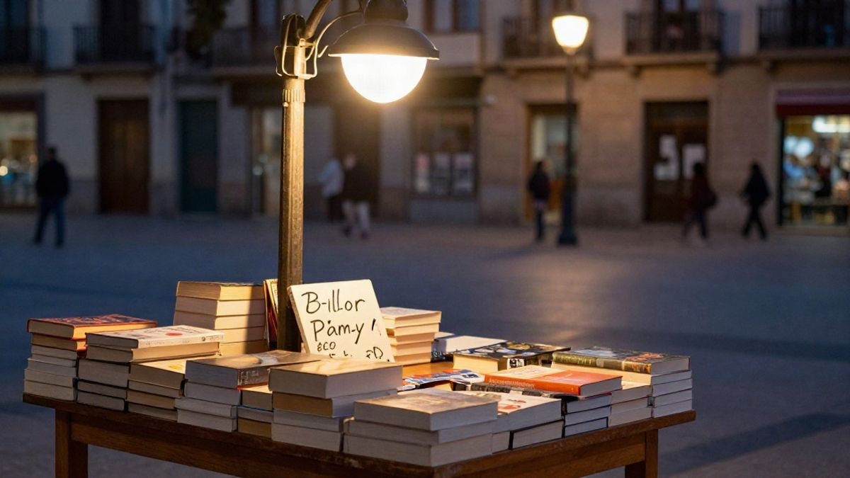 Imagen ilustrativa: un puesto de libros iluminado por farolas en una plaza durante la noche