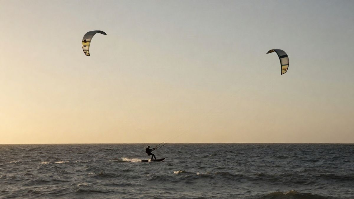 Imagen ilustrativa: un kitesurfista solitario en el mar con amplio espacio de cielo y agua al atardecer