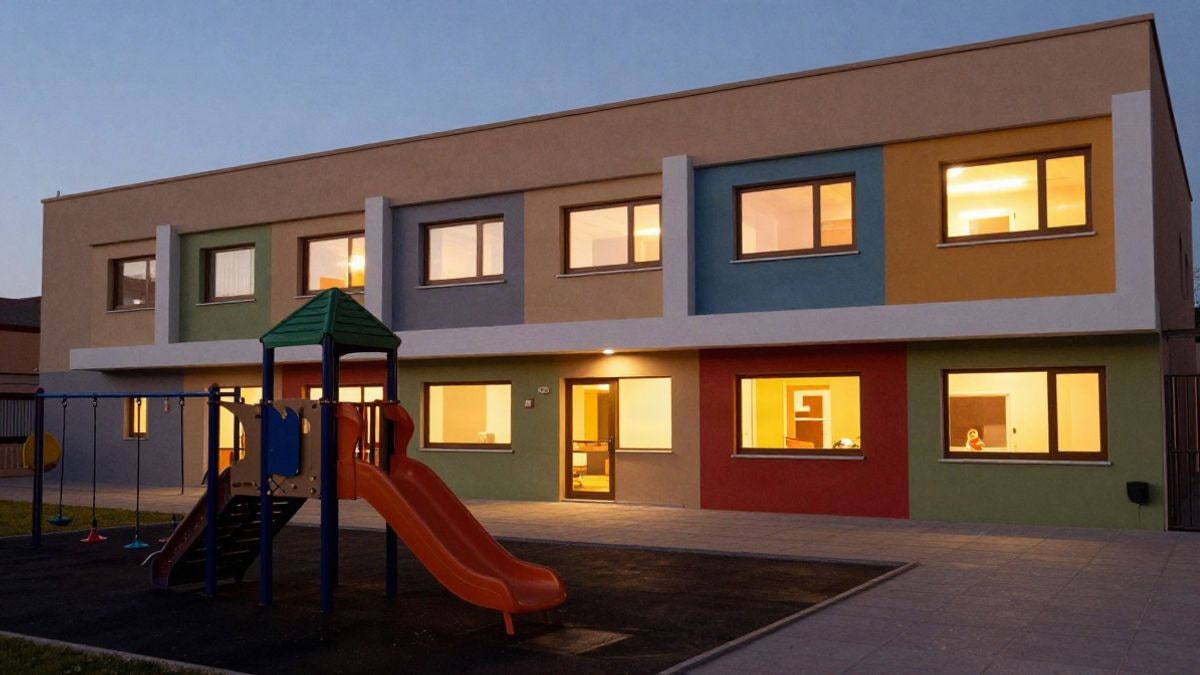 Imagen ilustrativa: edificio de una escuela infantil moderna con luces encendidas al atardecer y un pequeño parque infantil vacío en primer plano.