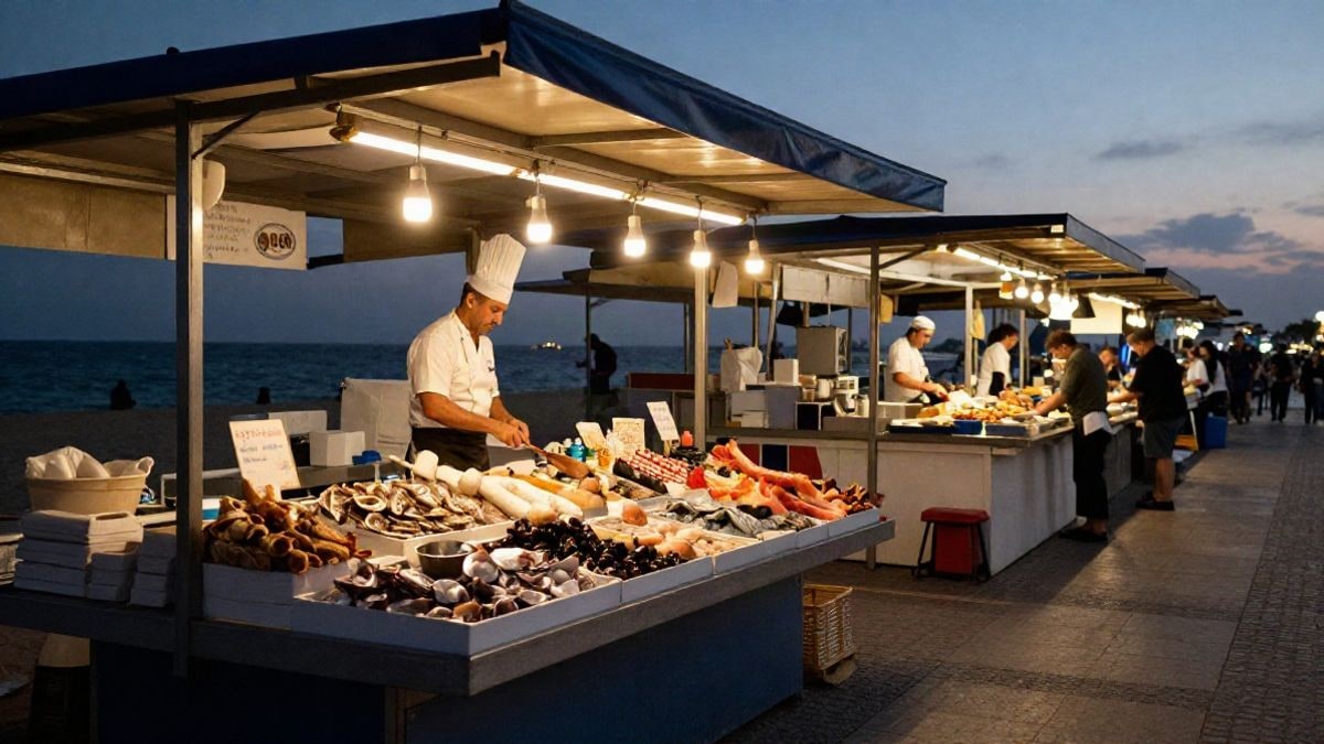 Imagen ilustrativa: paseo marítimo al atardecer con puestos de productos del mar y luces cálidas